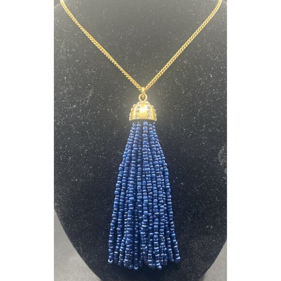 J. Crew Necklace Blue Bead Rhinestone Tassel Gold Tone Pendant 30+3"  5" Drop - Picture 2 of 7